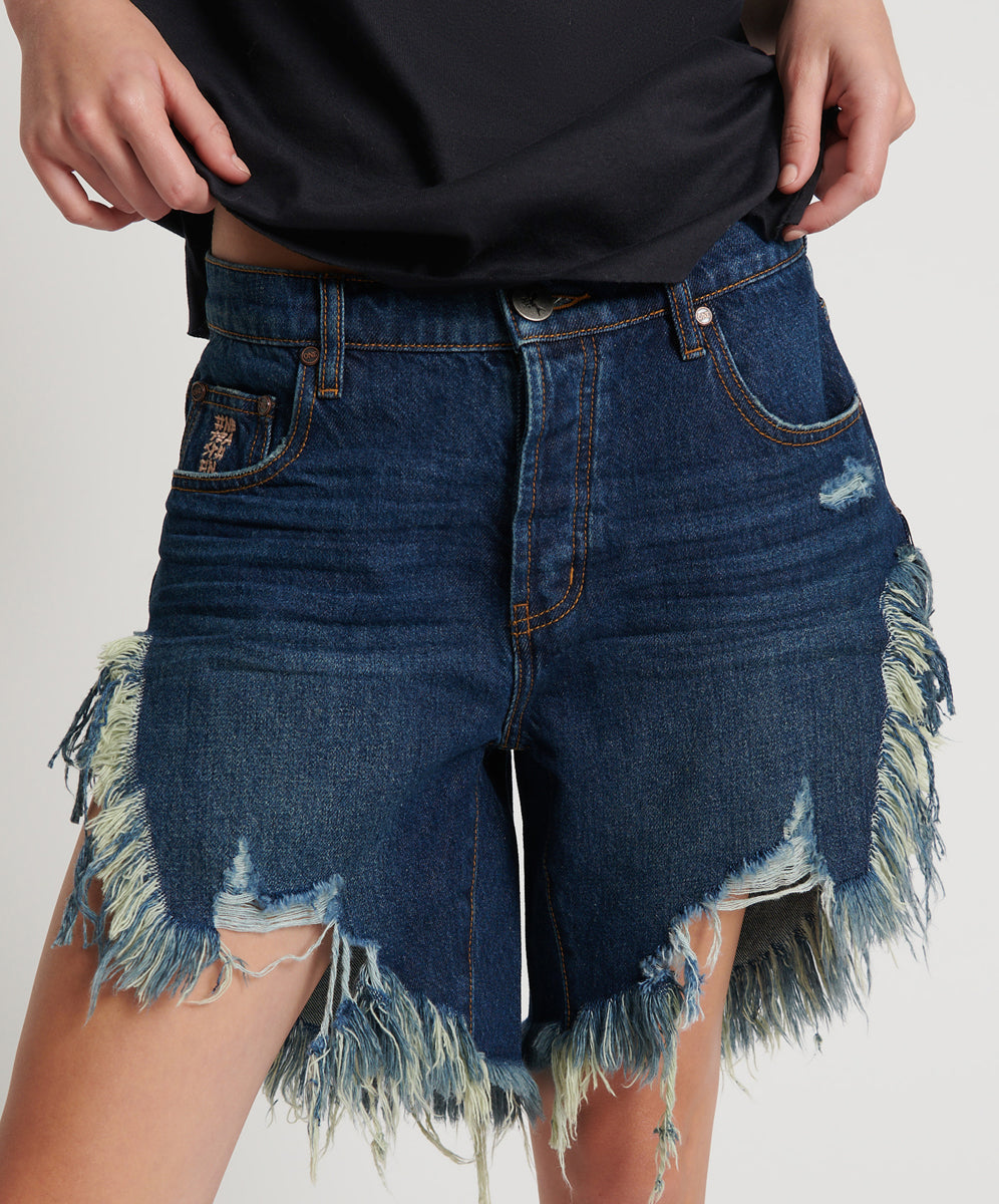 Products Frankies Low Waist Long Length Denim Shorts - Royal Blue