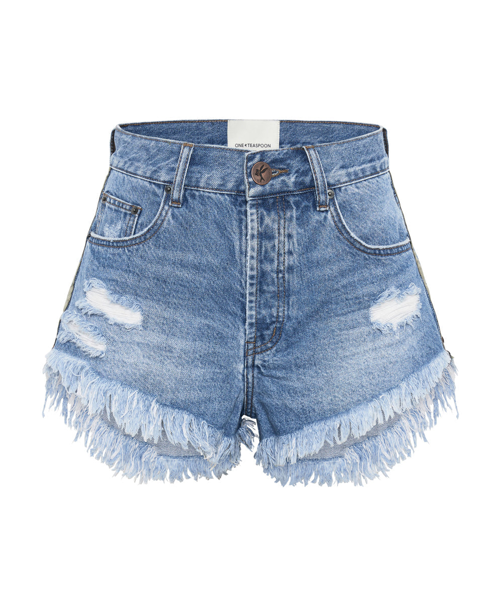 Products CIAO BLUE OUTLAWS MID LENGTH DENIM SHORTS