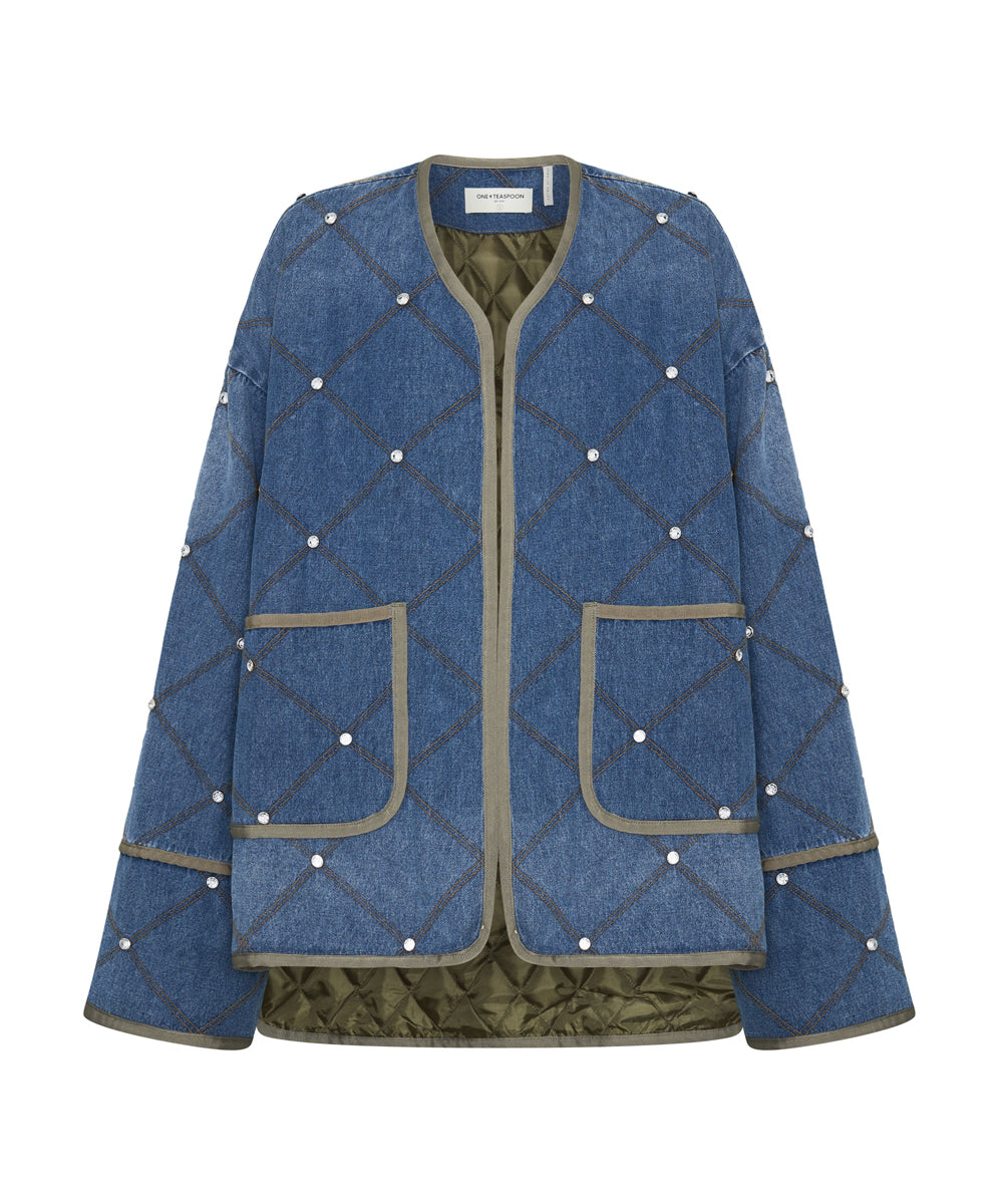 Last Stock Quilted Crystal Studded Denim Jacket - Bay Blue