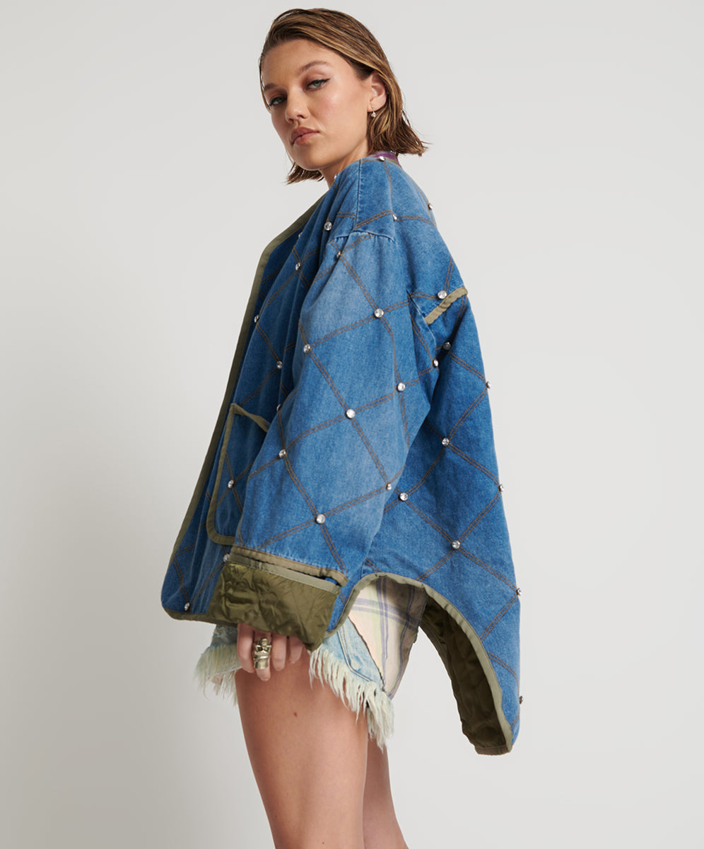 Last Stock Quilted Crystal Studded Denim Jacket - Bay Blue
