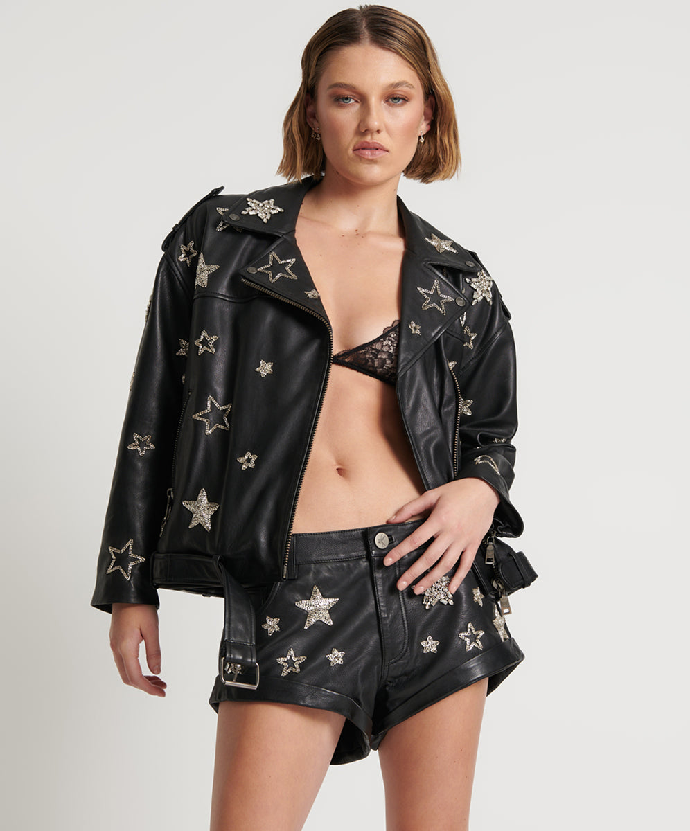 Last Stock ALL STAR HAND EMBELLISHED LEATHER JACKET
