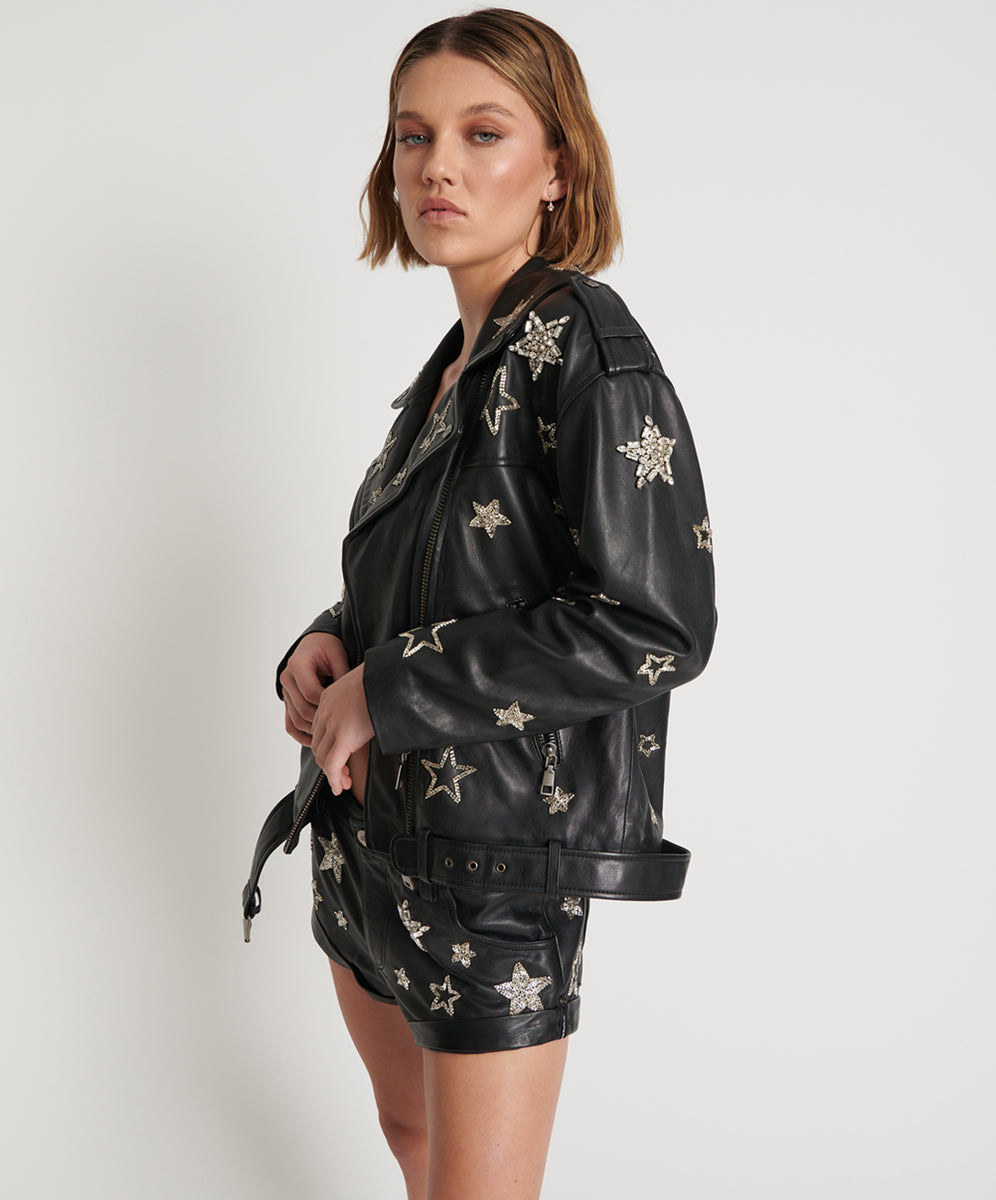 Last Stock ALL STAR HAND EMBELLISHED LEATHER JACKET