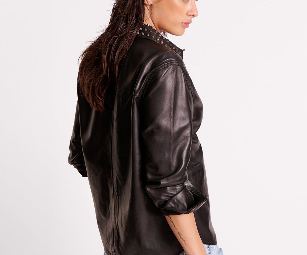 BLACK STUDDED WESTERN LEATHER SHACKET