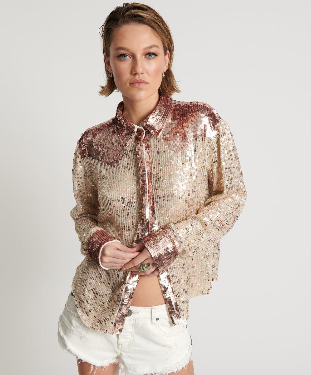Last Stock ROSE GOLD HAND SEQUIN WESTERN SHIRT