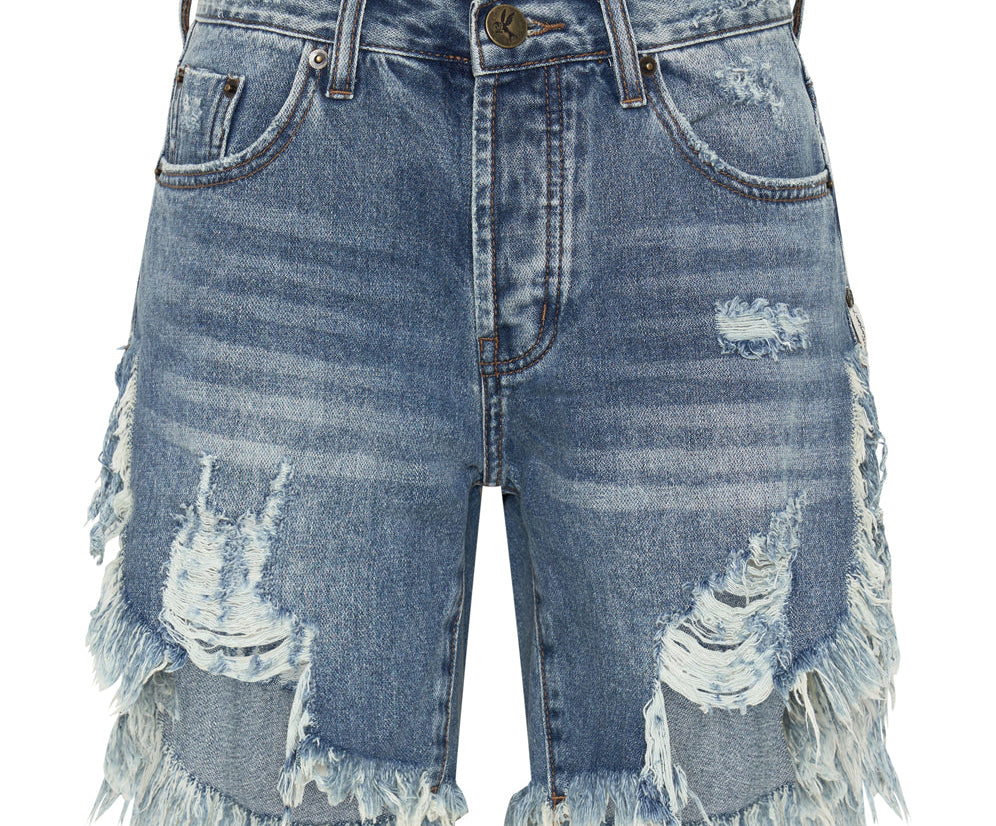 COBAINE FRANKIES HIGH WAIST LONG LENGTH DENIM SHORTS