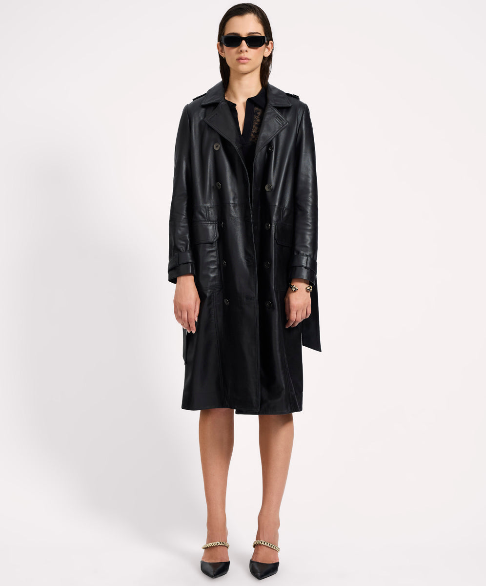  Supermodel Leather Trench Coat - Black
