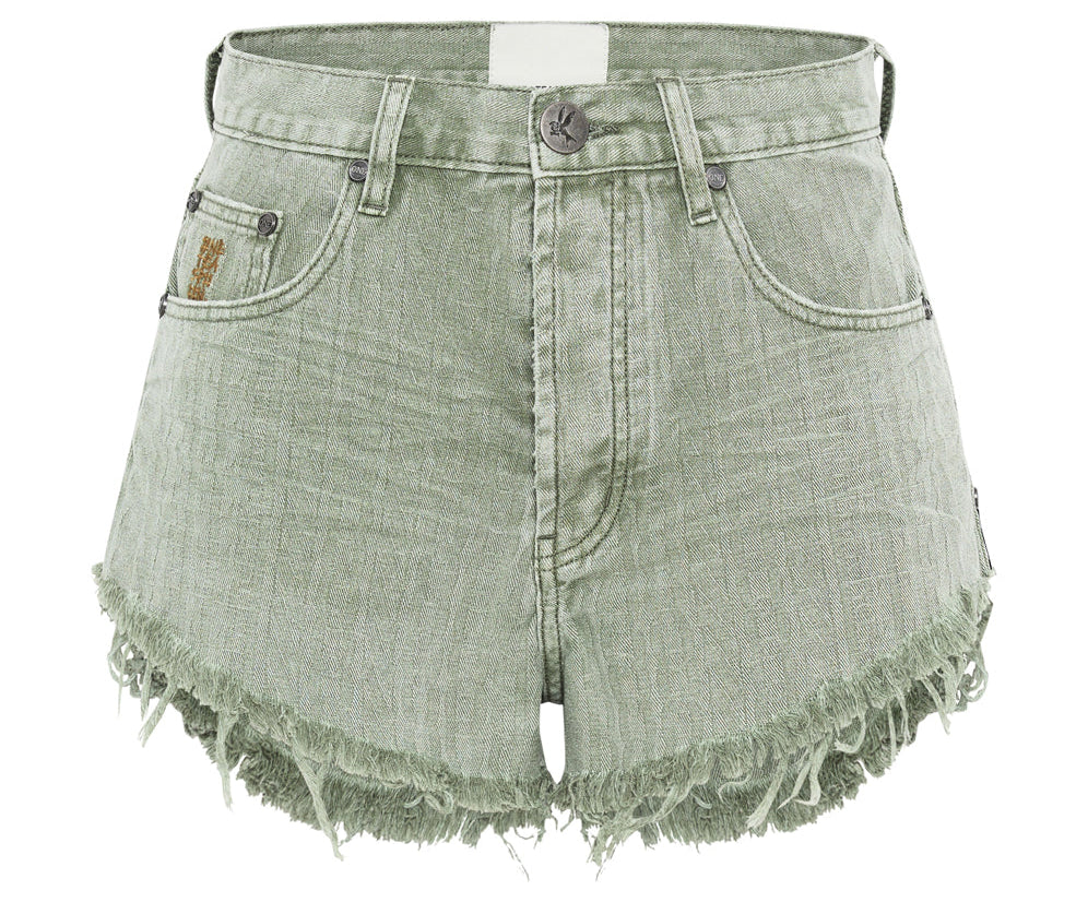 KHAKI LOGO JACQUARD OUTLAWS MID WAIST DENIM SHORTS