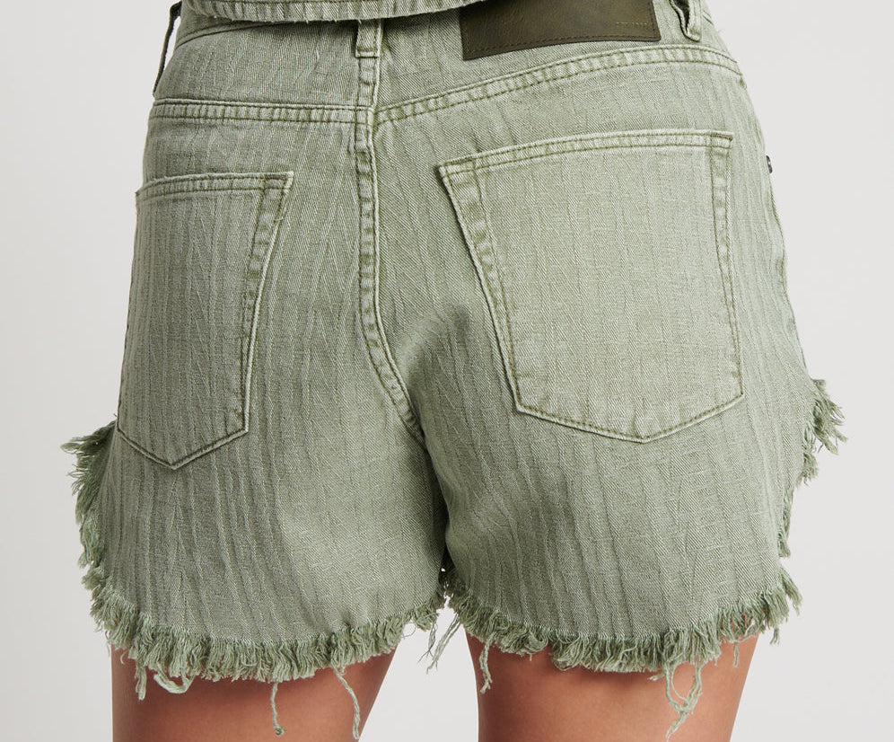 KHAKI LOGO JACQUARD OUTLAWS MID WAIST DENIM SHORTS