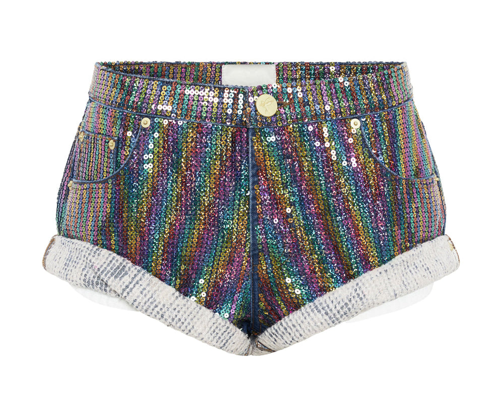 Bandits Low Waist Sequin Denim Shorts - Rainbow