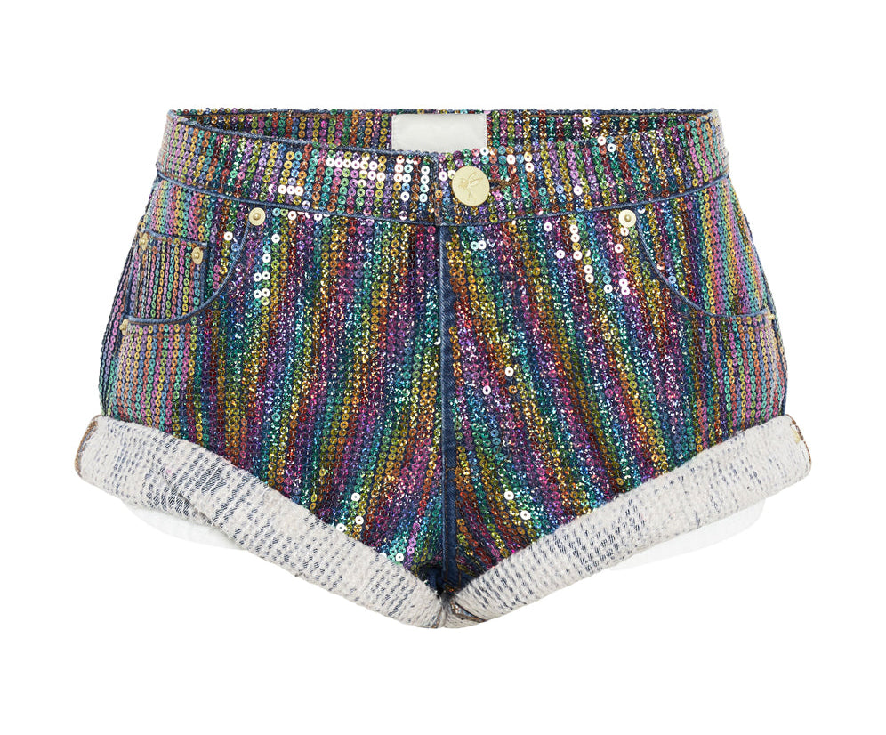 RAINBOW SEQUIN BANDITS LOW WAIST DENIM SHORTS