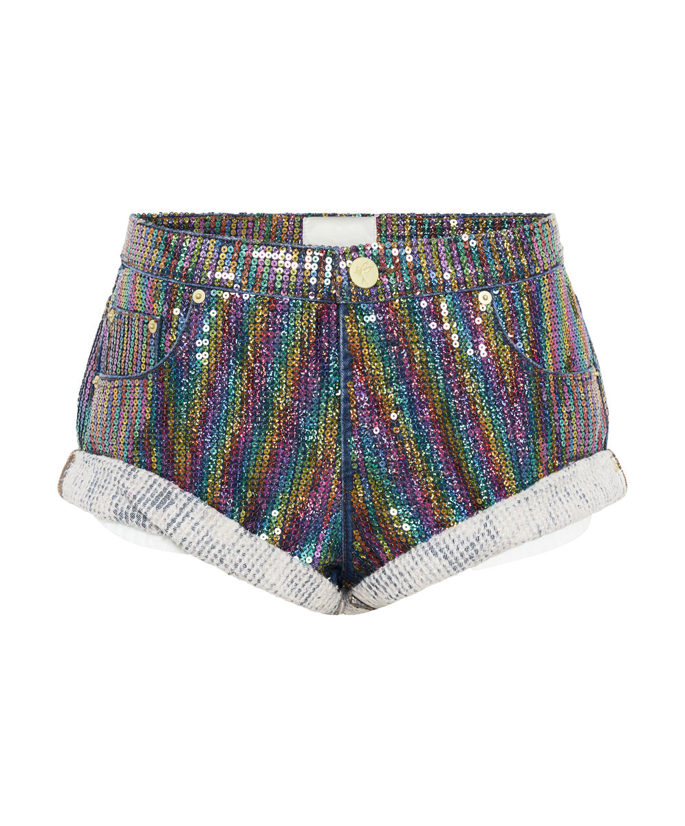 Products Bandits Low Waist Sequin Denim Shorts - Rainbow