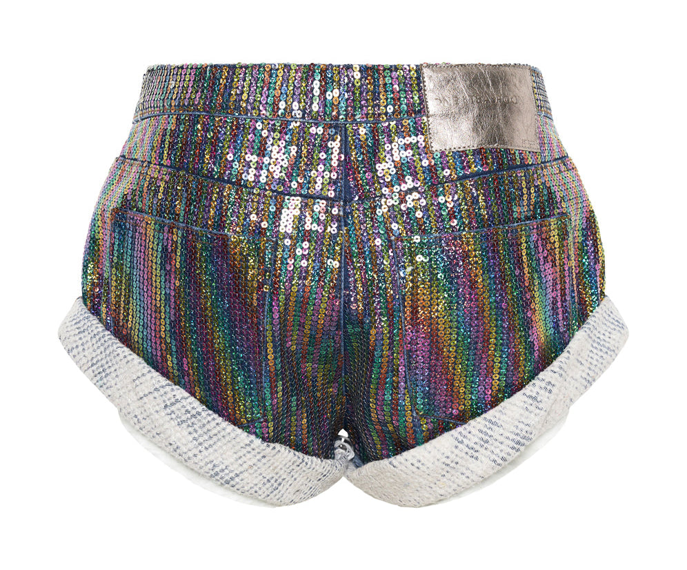 RAINBOW SEQUIN BANDITS LOW WAIST DENIM SHORTS