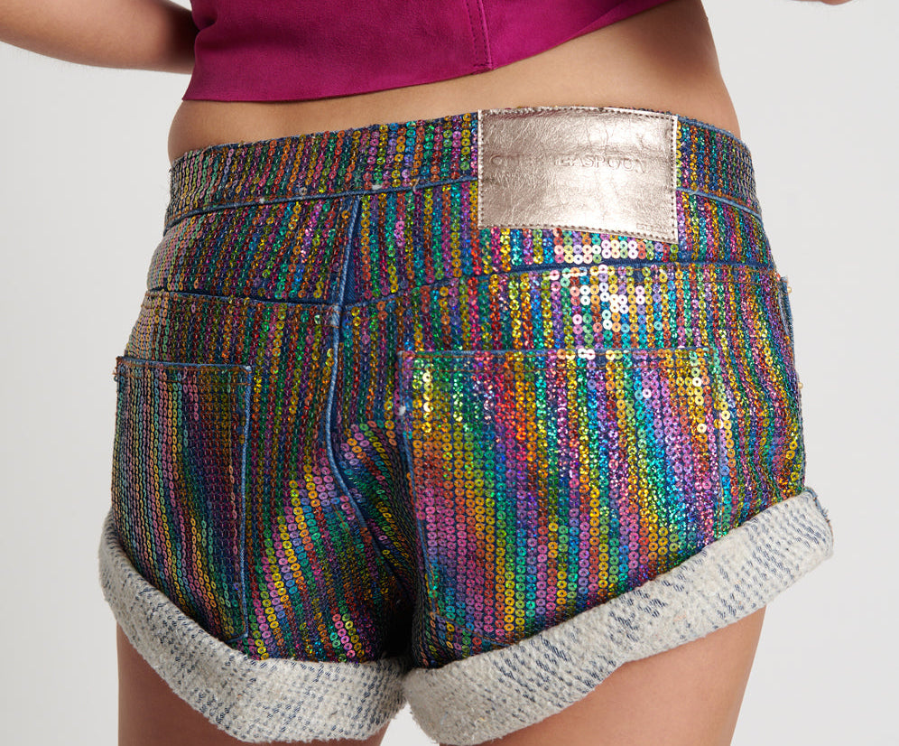 RAINBOW SEQUIN BANDITS LOW WAIST DENIM SHORTS