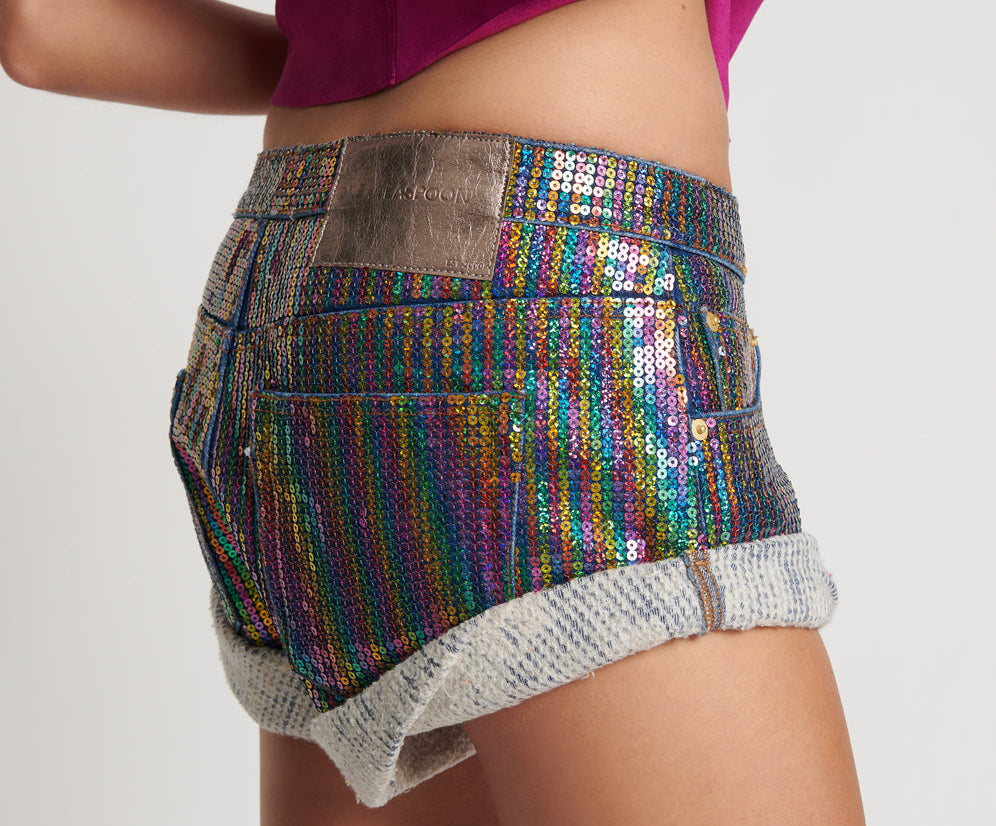 RAINBOW SEQUIN BANDITS LOW WAIST DENIM SHORTS