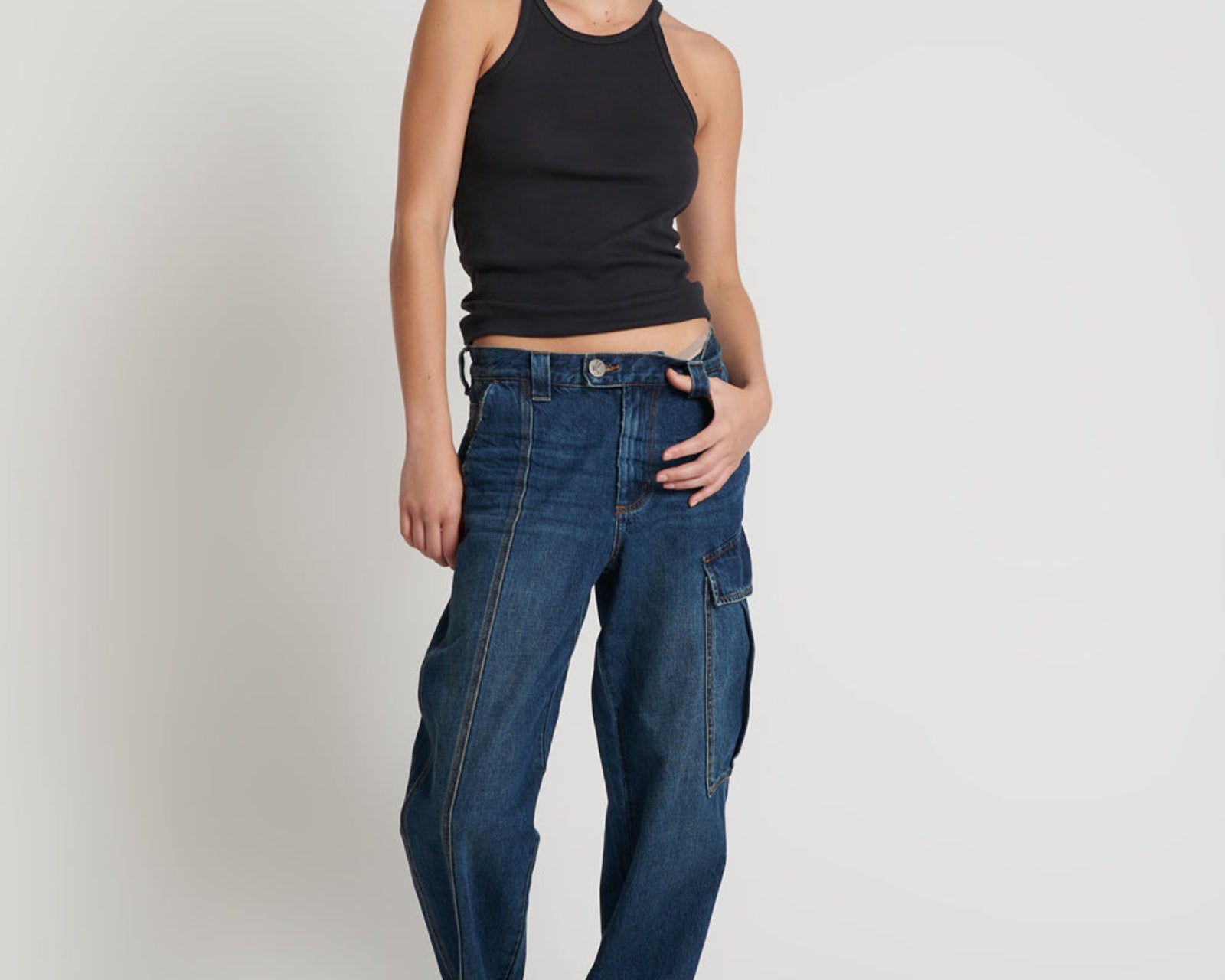 New Fiction Low Waist Wide Leg Cargo Denim Jeans - Royal Blue