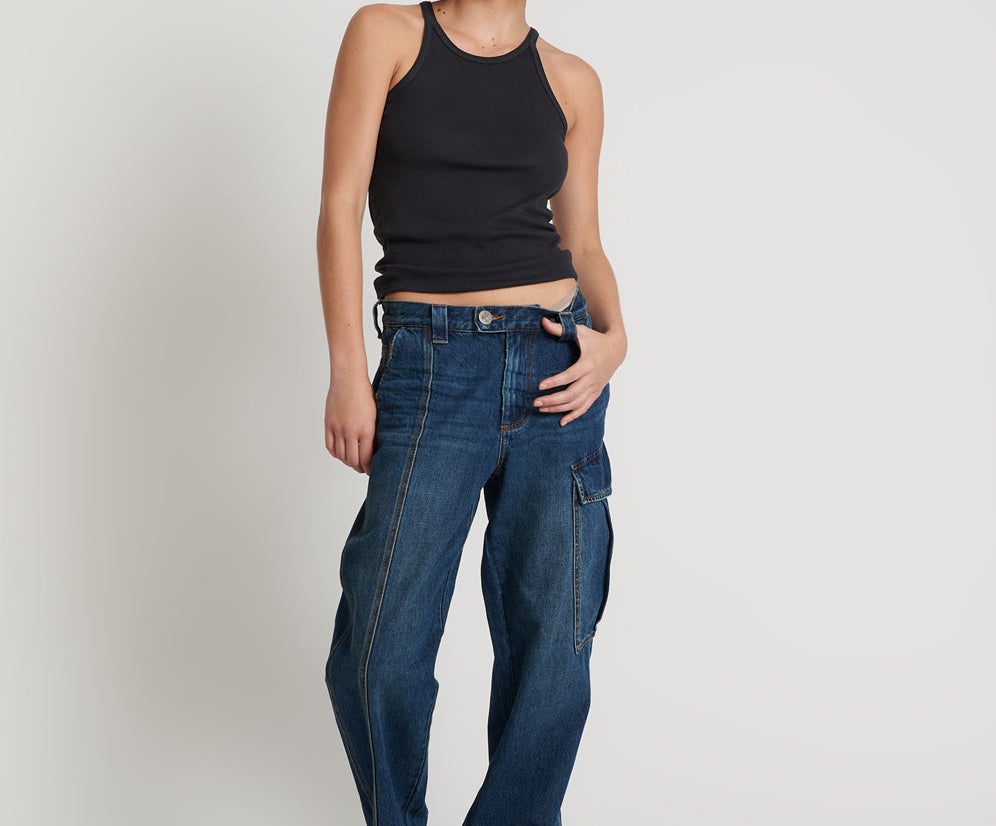 New Fiction Low Waist Wide Leg Cargo Denim Jeans - Royal Blue