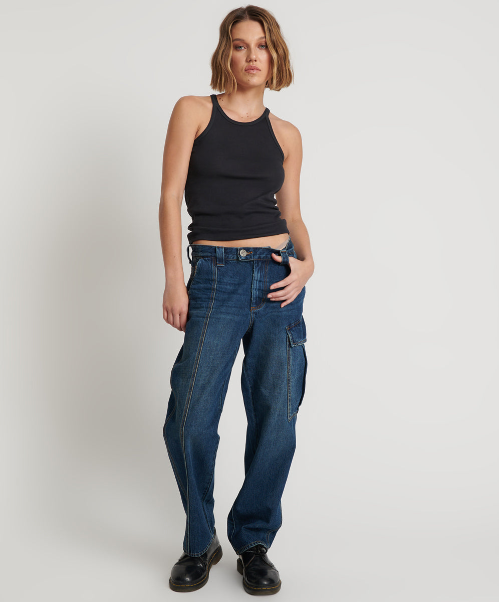 Women's Cargo Denim Jeans New Fiction Low Waist Wide Leg Cargo Denim Jeans - Royal Blue