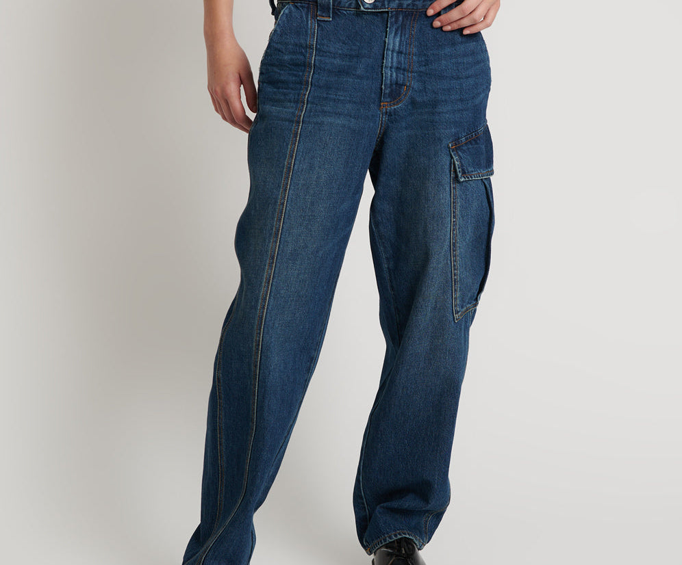 New Fiction Low Waist Wide Leg Cargo Denim Jeans - Royal Blue