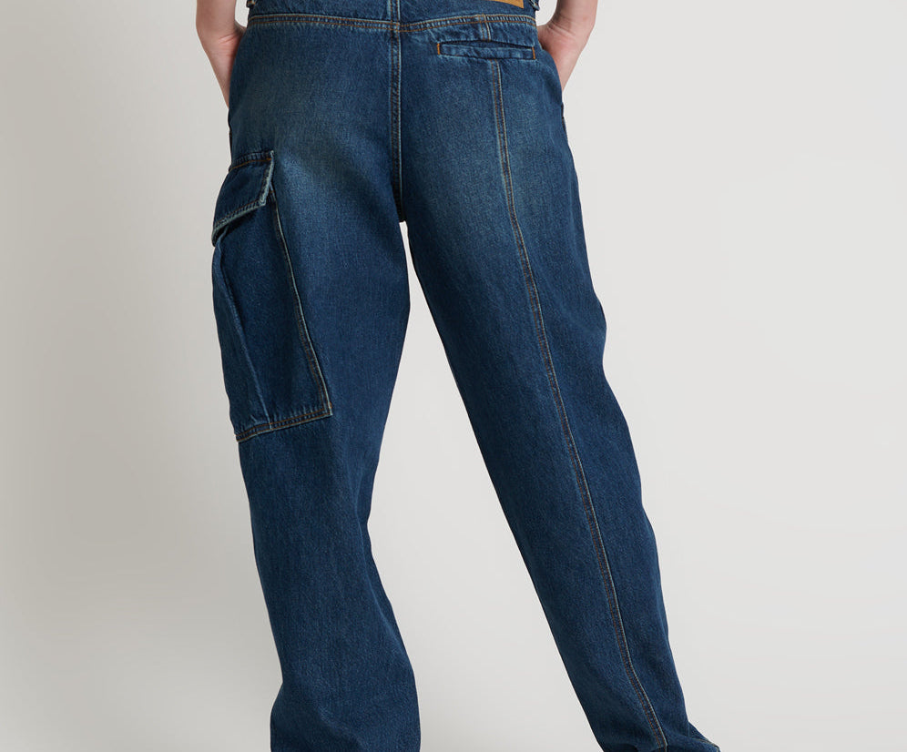 New Fiction Low Waist Wide Leg Cargo Denim Jeans - Royal Blue