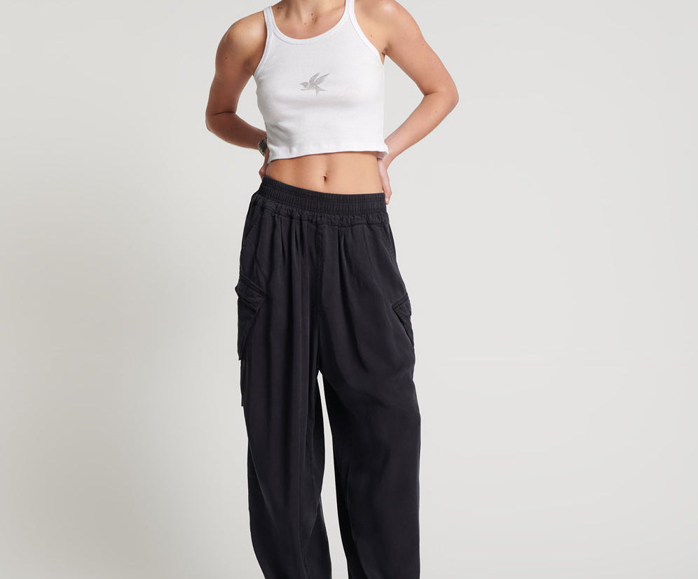 CHARCOAL TENCEL ZIPPED PARACHUTE PANTS