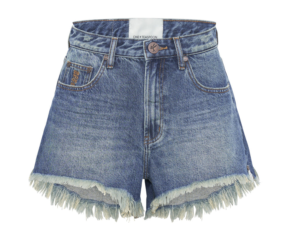 GRITTY BLUE TRUCKERS MID WAIST RELAXED SHORTS