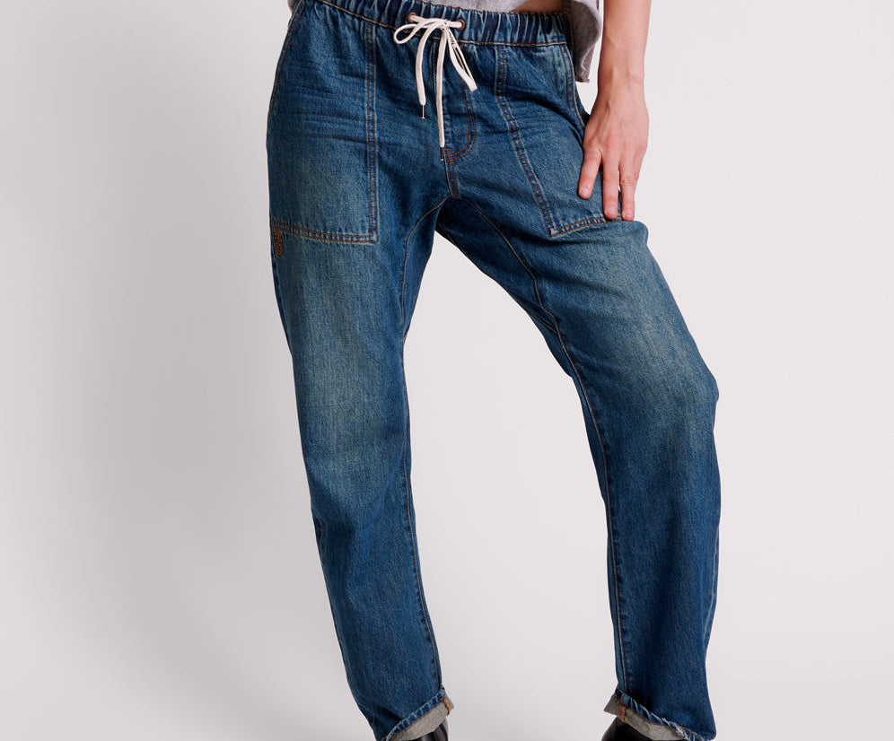 GRITTY BLUE SHABBIES DRAWSTRING BOYFRIEND JEANS