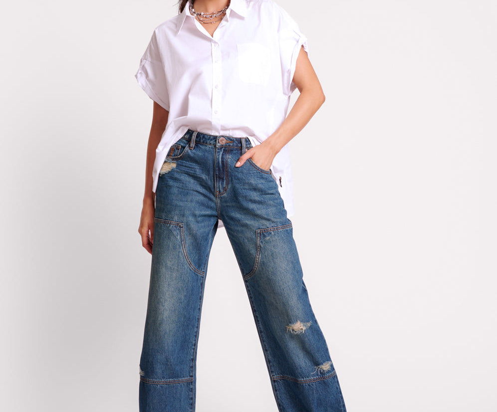 GRITTY BLUE JACKSON UTILITY MID WAIST WIDE LEG JEANS