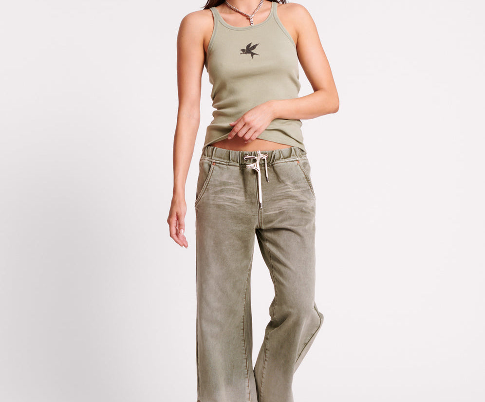 Roadhouse Wide Leg Drawstring Denim Jeans - Old Khaki