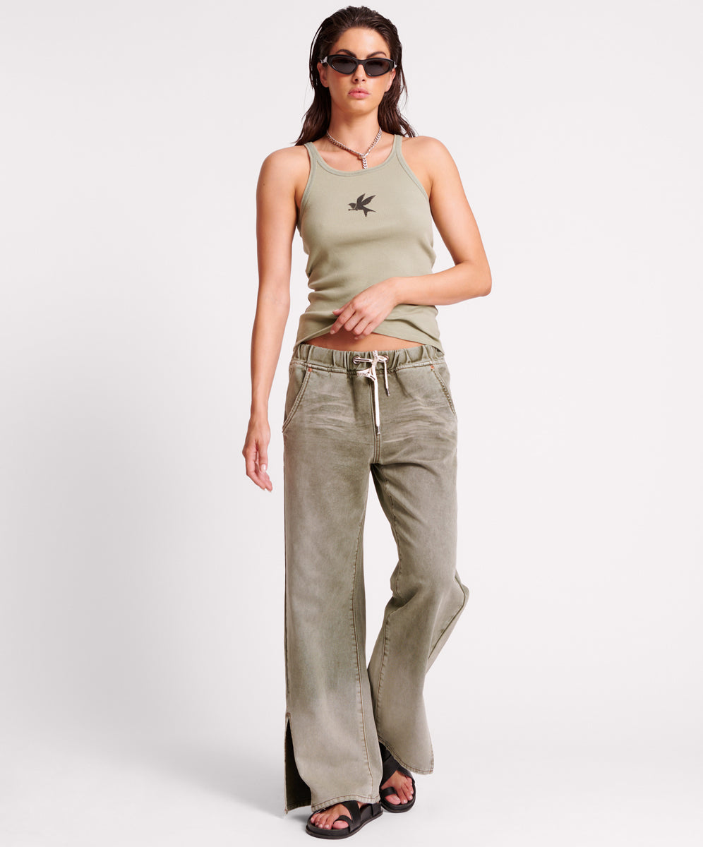 Last Stock Roadhouse Wide Leg Drawstring Denim Jeans - Old Khaki