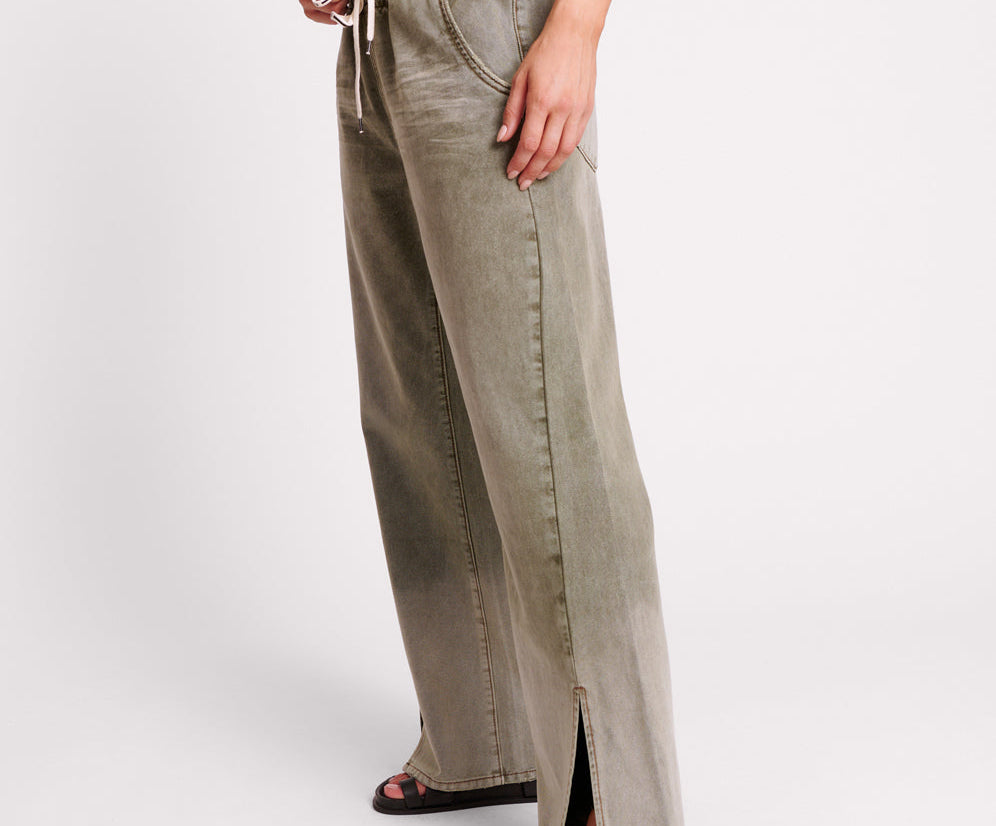 Roadhouse Wide Leg Drawstring Denim Jeans - Old Khaki