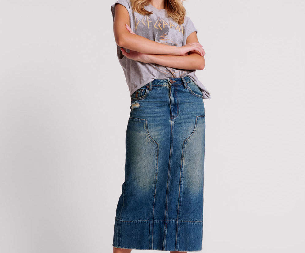 Gritty Blue Cassidy Column Mid Length Denim Skirt One Teaspoon