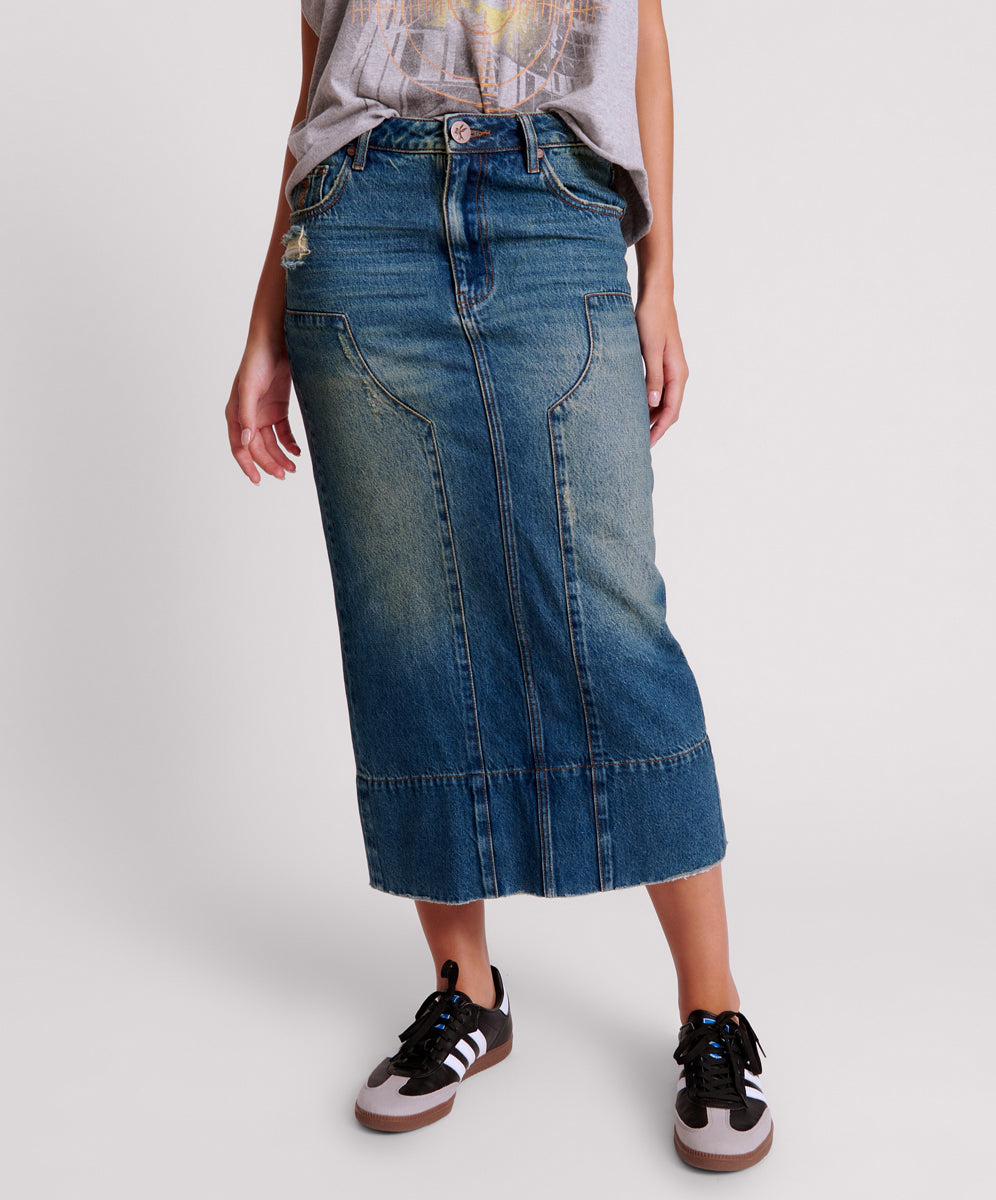 Retro Blue Mid-length Denim Skirt Women's Spring And Summer New Simple Street Style Pocket Straight Split A-line Skirt Female