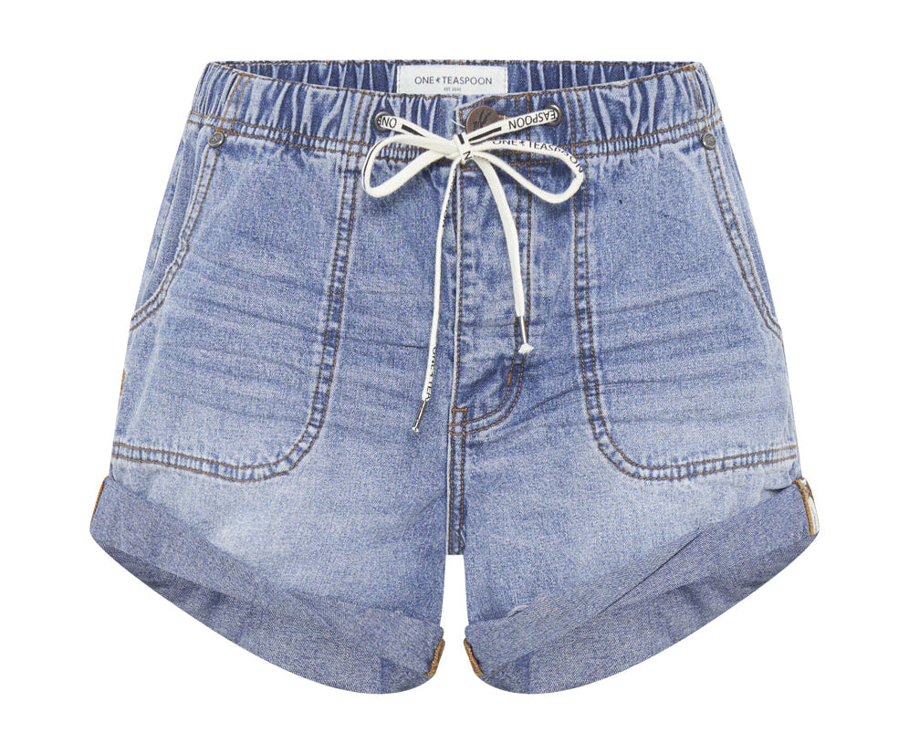 Shabby Bandits Low Waist Drawstring Denim Shorts - Blue Lilac