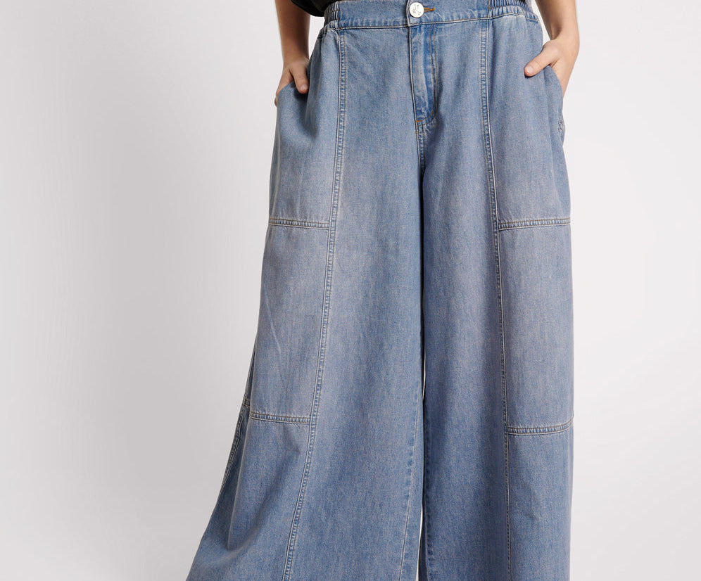 Palazzo Mid Waist Denim Jeans - Blue Lilac