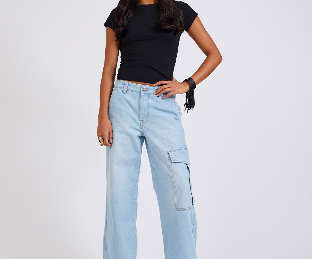 New Fiction Low Waist Wide Leg Cargo Denim Jeans - Cyber Blue