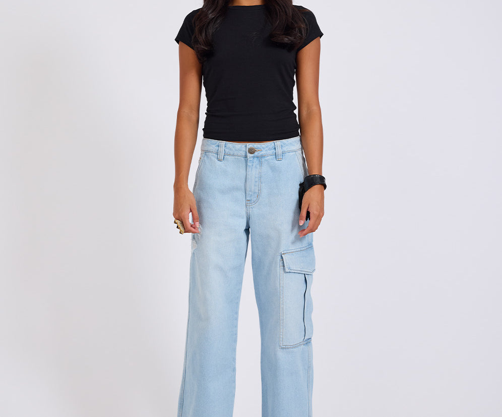 New Fiction Low Waist Wide Leg Cargo Denim Jeans - Cyber Blue