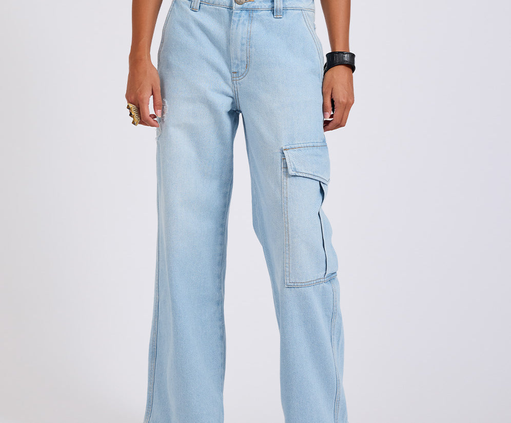 New Fiction Low Waist Wide Leg Cargo Denim Jeans - Cyber Blue