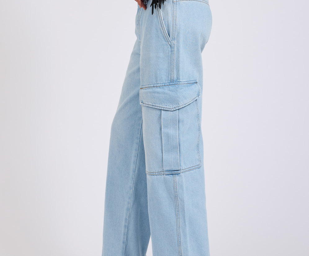 New Fiction Low Waist Wide Leg Cargo Denim Jeans - Cyber Blue