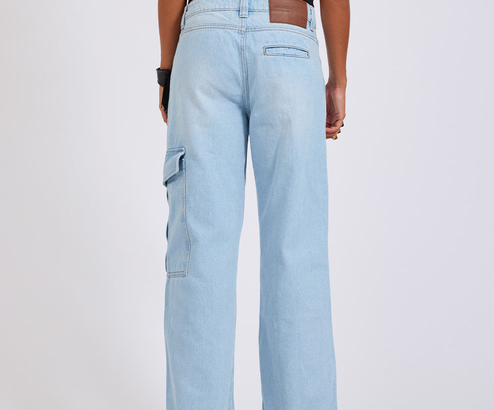 New Fiction Low Waist Wide Leg Cargo Denim Jeans - Cyber Blue
