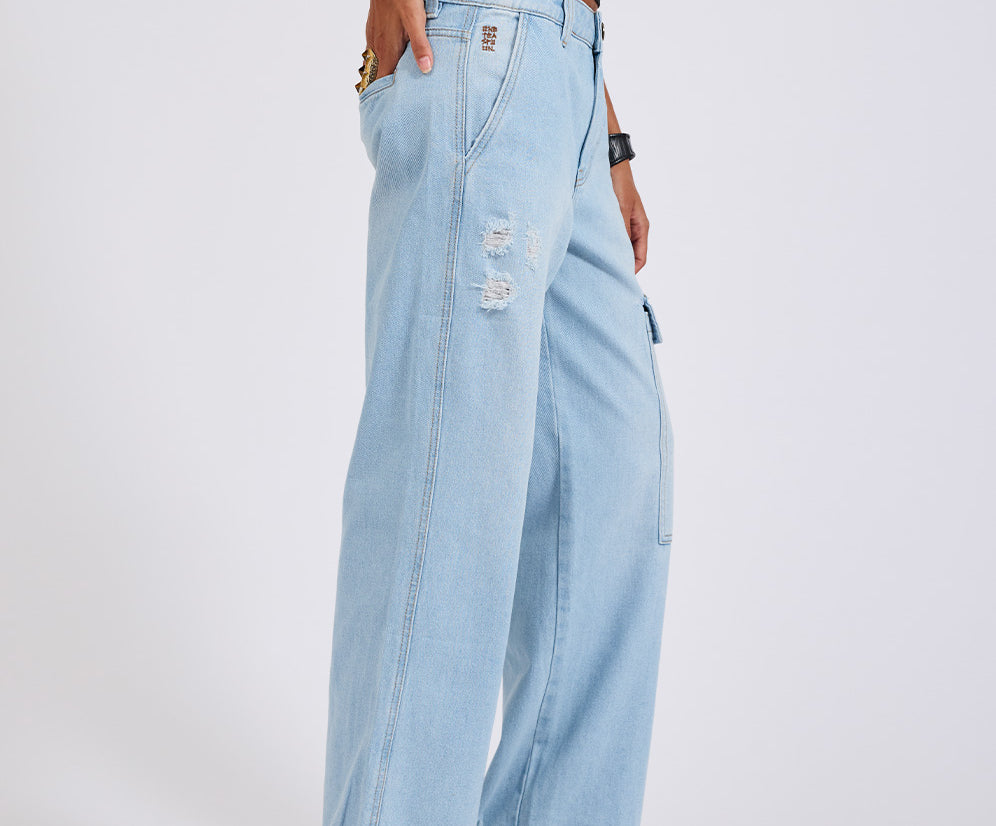 New Fiction Low Waist Wide Leg Cargo Denim Jeans - Cyber Blue