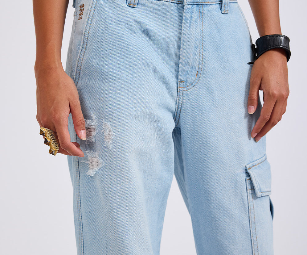 New Fiction Low Waist Wide Leg Cargo Denim Jeans - Cyber Blue