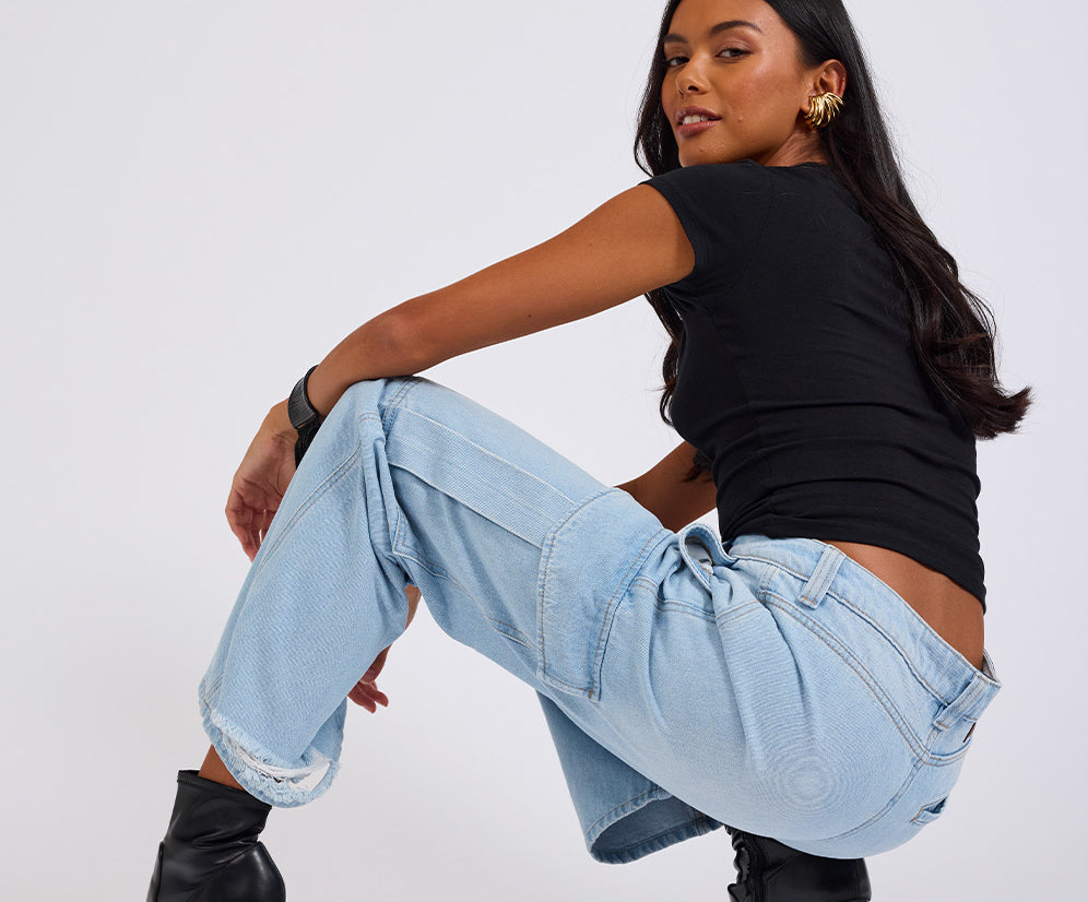 New Fiction Low Waist Wide Leg Cargo Denim Jeans - Cyber Blue