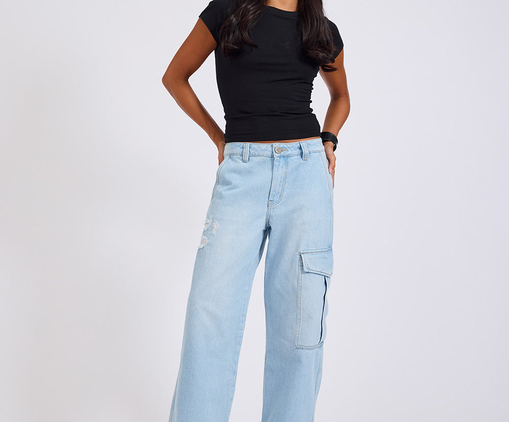 New Fiction Low Waist Wide Leg Cargo Denim Jeans - Cyber Blue