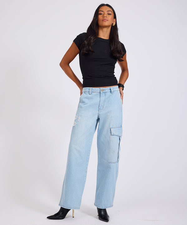 New Fiction Low Waist Wide Leg Cargo Denim Jeans - Cyber Blue