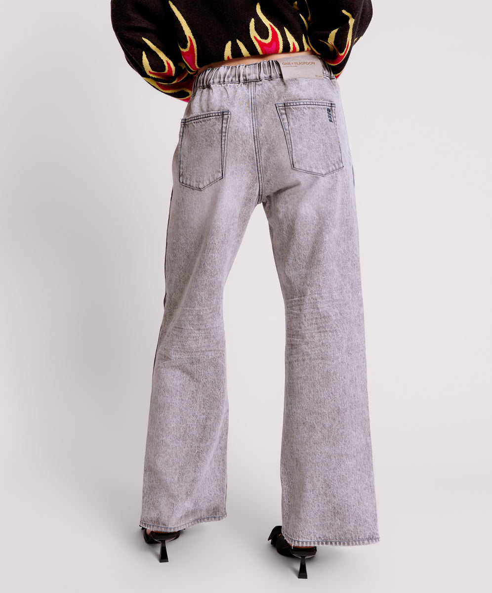 Roadhouse Wide Leg Drawstring Denim Jeans - Slate Acid