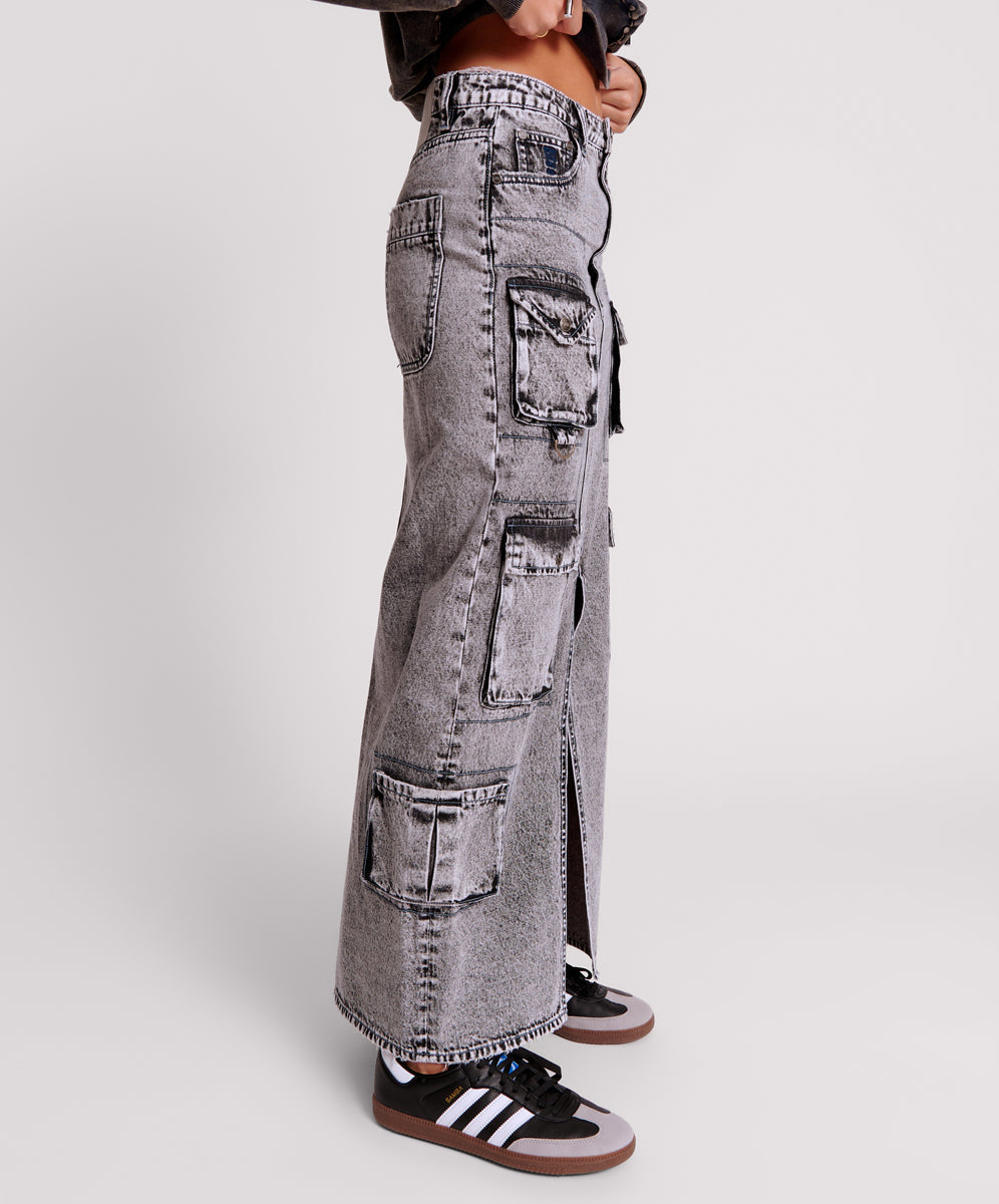 90S Cargo Pocket Column Denim Skirt - Slate Acid