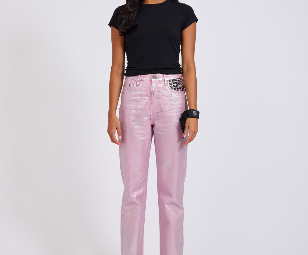 Awesome Baggies High Waist Straight Leg Denim Jeans- Pink Envy Foil
