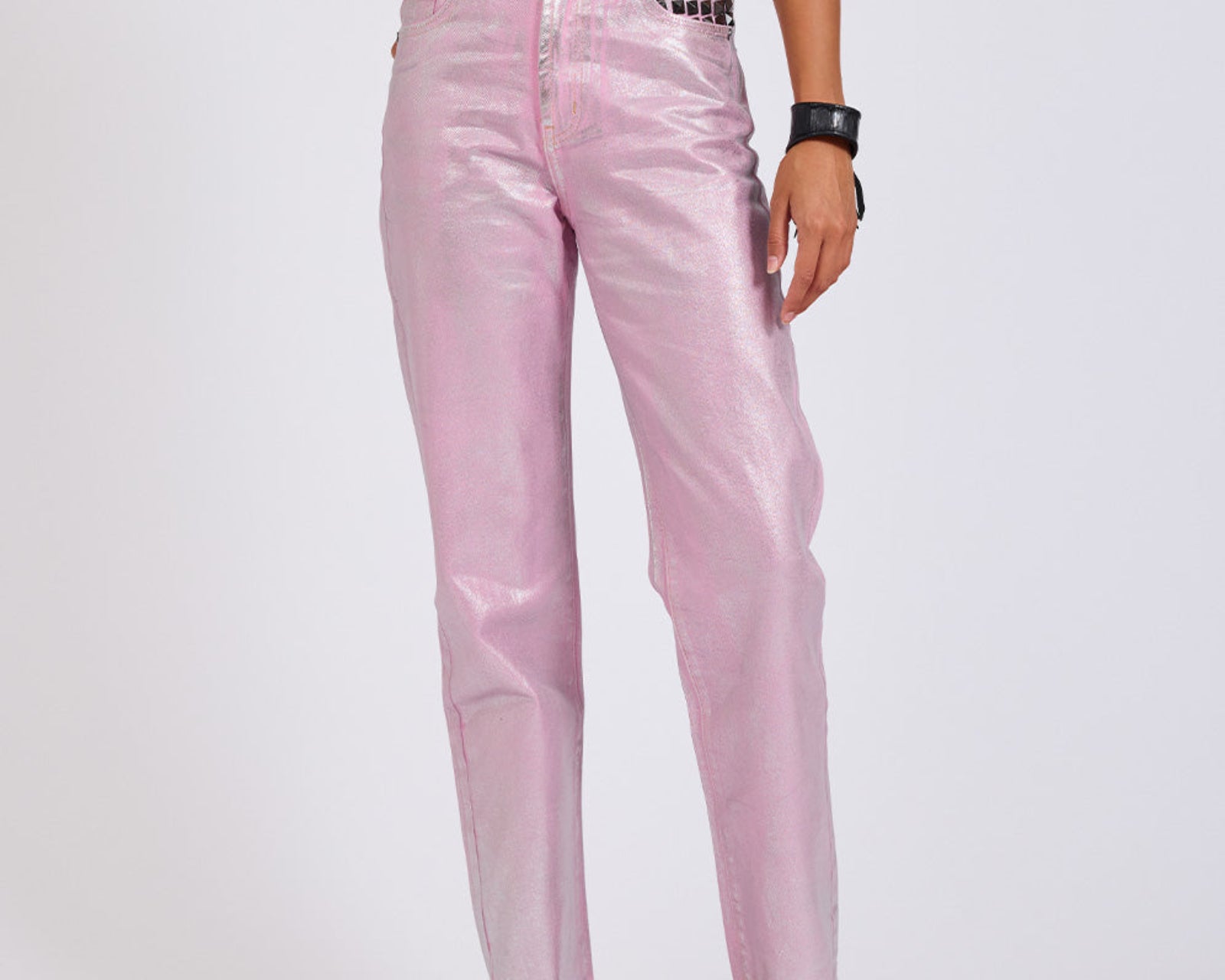 Awesome Baggies High Waist Straight Leg Denim Jeans- Pink Envy Foil