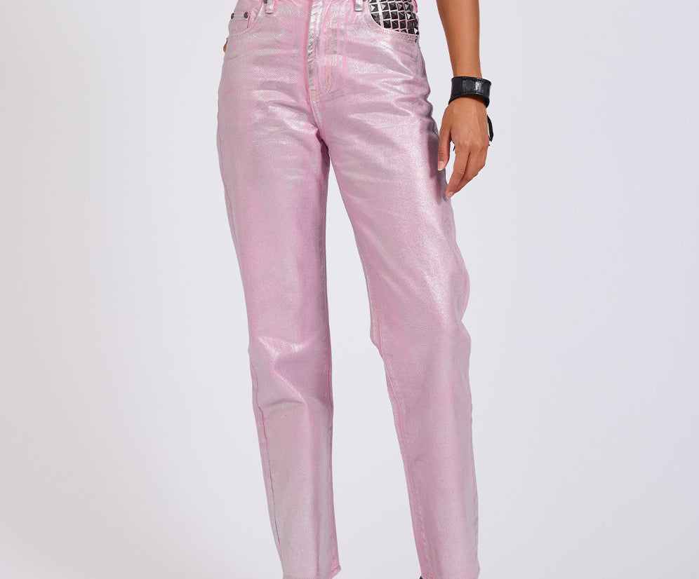 Awesome Baggies High Waist Straight Leg Denim Jeans- Pink Envy Foil