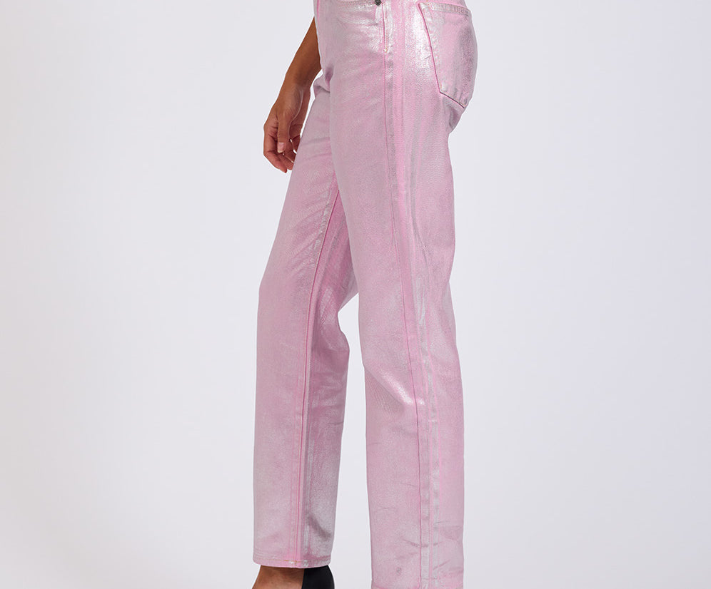Awesome Baggies High Waist Straight Leg Denim Jeans- Pink Envy Foil